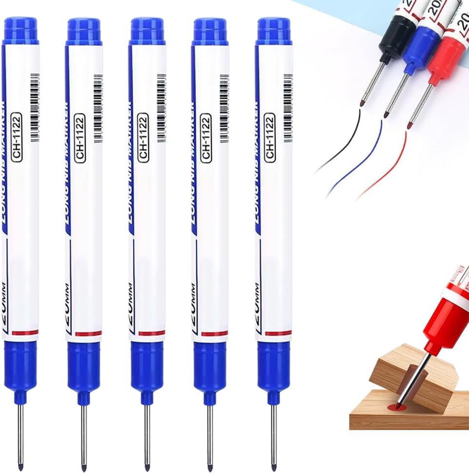 5Pack Long Head Deep Hole Marker Pens, 20mm Deep Reach Metal Marking Pen, Waterproof Quick-Dry Long Nib Marker, Deep Reach Markers Marking Tool for Carpentry & Construction (Mix)