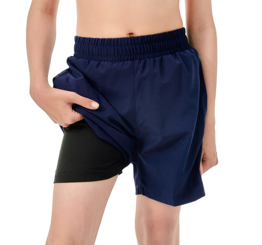IRELIA Boys Box Brief Liner Compression Mesh Athletic Shorts Pocket Kids Quick Dry Active Sports Shorts with Reflective Strip Navy 10-12