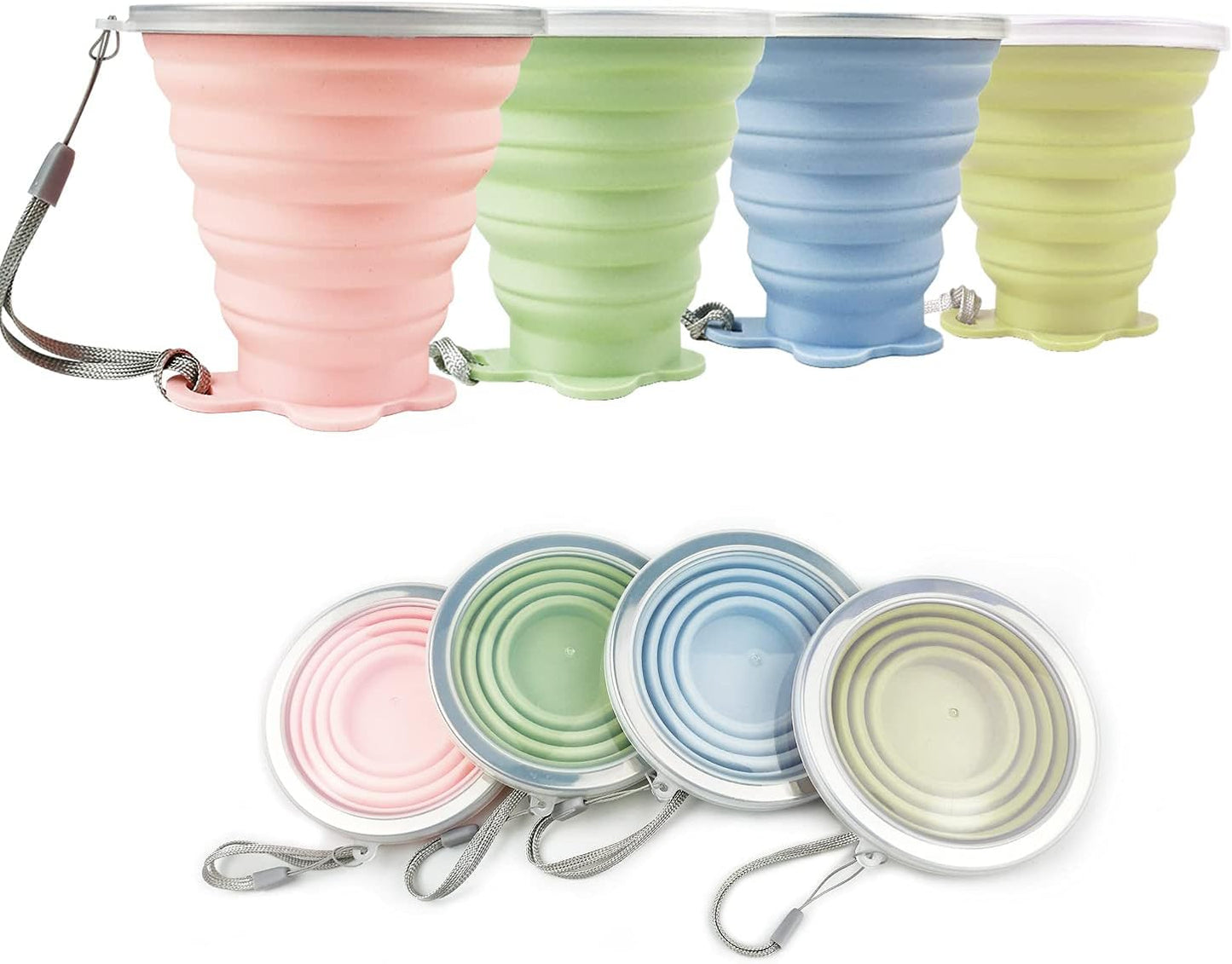 JBER Silicone Collapsible Travel Cup, 4 Pack Silicone Folding Camping Cup with Lids Expandable Drinking Cup Set BPA Free Reusable Portable Graduated for Outdoor Hiking Travel