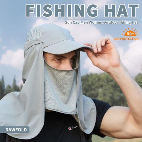 Dawfold Fishing Hat Sun Cap for Men Women, UPF 50+ Sun Protection Hat Foldable Cap with Mesh Face Neck Flap Windproof Strap Light Grey