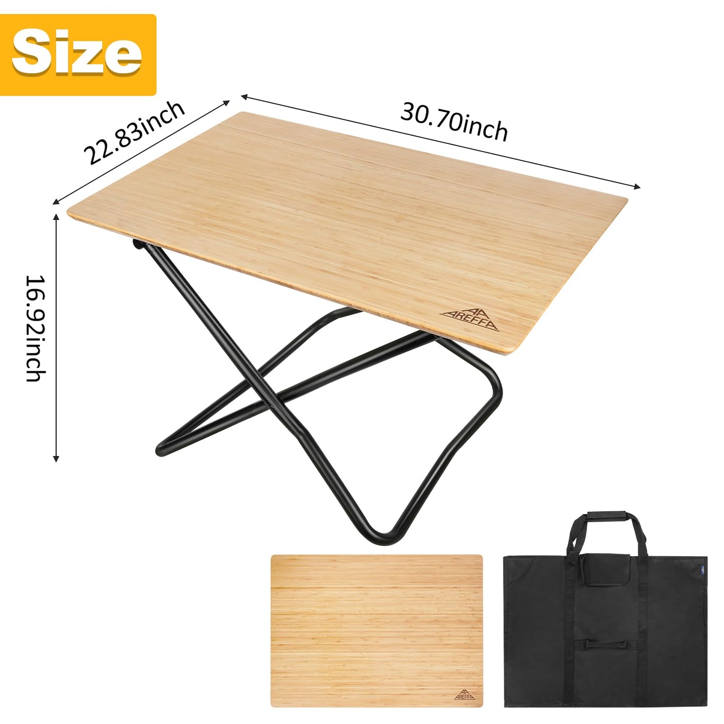 AREFFA Folding Bamboo Camping Table, Portable Outdoor Picnic Table with Aluminum Frame, Foldable Lightweight Camp Kitchen Table for BBQ, Hiking, RV, Beach, Easy Setup, 110lbs Load Capacity