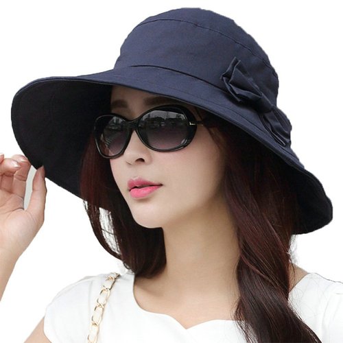 XXL Packable Summer Cotton Sun Hat Bucket UV UPF 50+ Protection Wide Brim Beach Gardening for Extra Large Big Head Women Navy 63-64CM