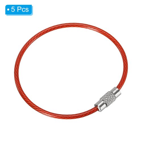 PATIKIL 6 Inch Length Wire Keychain Cable 150mm, 5 Pack Stainless Steel Key Ring Loop for Outdoor Hiking Sport, Red