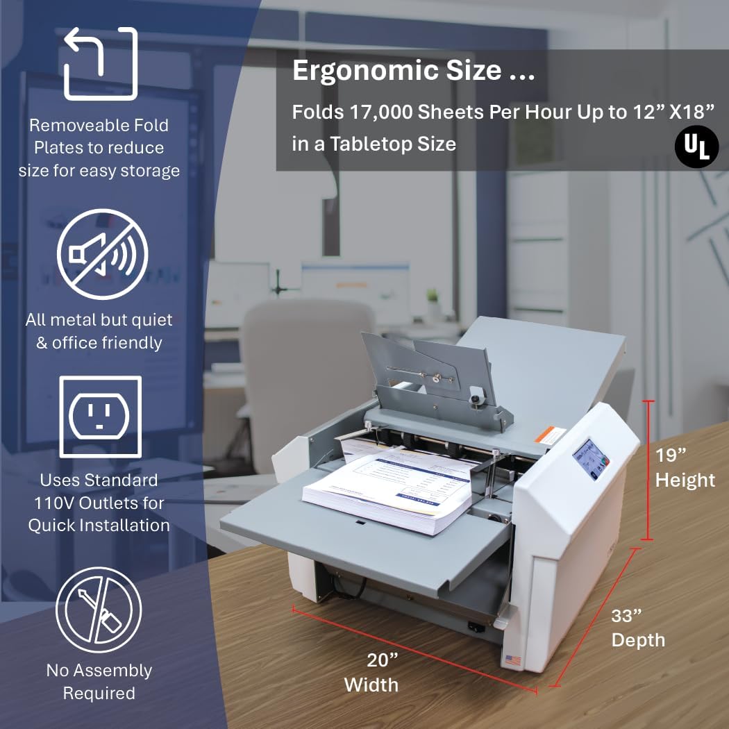 Formax FD 38Xi Fully-Automatic Touchscreen Document Folder, Up to 17000 Sheets/h, Pre-Programmed for C,V,Z, Gate, Fold Out and Double Parallel, Up to 500 Sheets 20# Hopper Capacity