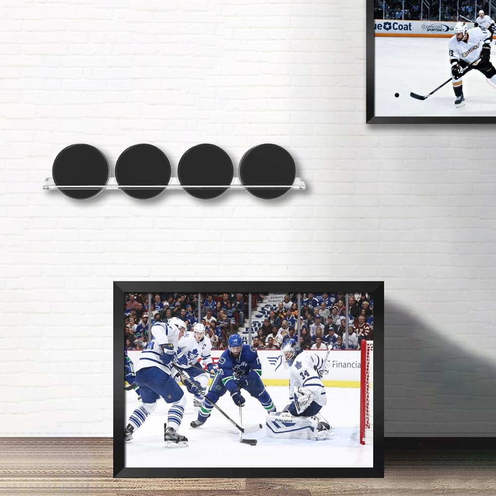 FEYRUN Clear Hockey Pucks Wall Display for 4 Pucks, Premium Acrylic Showcase for Autographed Souvenir Memorabilia