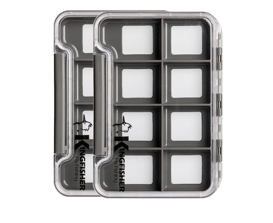 Kingfisher Fly Fishing Slim Waterproof Magnetic Compartment Fly Box, 2 Pack (Gray Box - 8 Compartments)