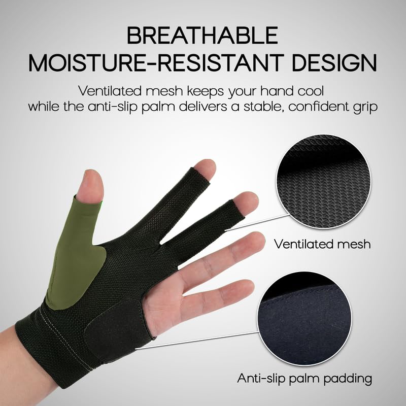 Medium Olive Left Hand Billiard Glove for Cue Control, Breathable Mesh, Adjustable Fit