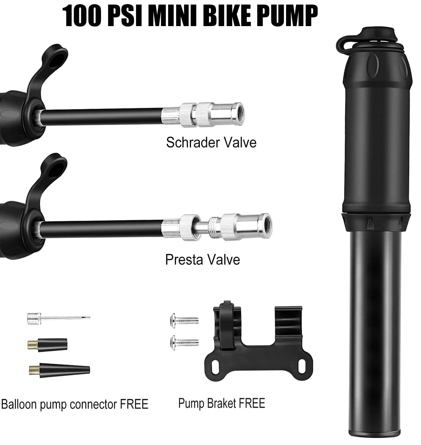 AaiLucky Mini Bike Pump Portable 100PSI High Pressure Bicycle Tire Pump, Bike Air Pump Fits Presta and Schrader Valve, Frame Mount for Road Mountain Bikes & Ball Pump with Needle