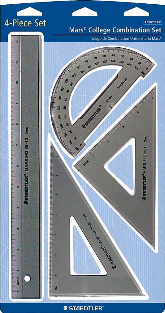 STAEDTLER College Combination Set - Triangle, Protractor & Ruler Set, Transparent Smoke Plastic with Beveled Edges, 4-Piece Set