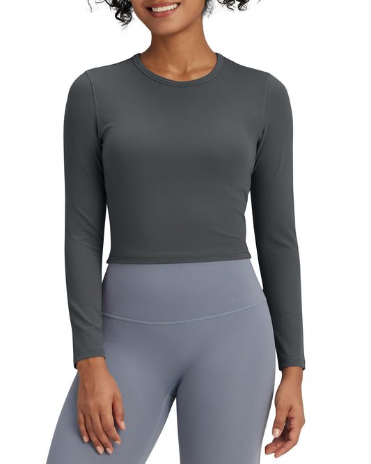 G4Free Long Sleeve Workout Tops for Women Fall Base Layer Athletic Gym Exercise Tight Shirt Wicking Cropped Underscrub (Dark Gray,S)