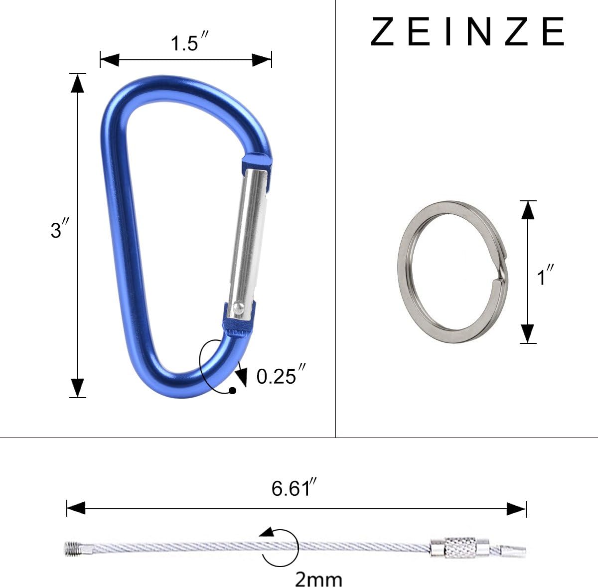 ZEINZE Carabiner Clip 3" Aluminum D-Ring Spring Loaded Gate Small Keychain Carabiners Clip Set for Outdoor Camping Mini Lock Hooks Spring Snap Link Key Chain Durable Improved Design 8 Pack