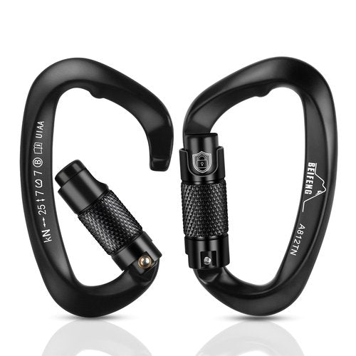 BEIFENG Auto Locking Climbing Carabiner, 25KN Black Twist Lock Heavy Duty Carabiner, UIAA Certified D-Type Large Suitable for Climbing, Rappelling, Rescue, Hammock, Swing etc