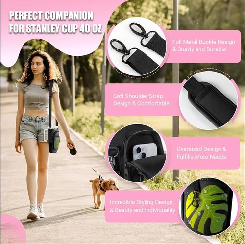 Copahue Water Bottle Carrier Bag with Phone Pocket for Stanley 40/30 oz Tumbler Neoprene Water Bottle Holder Pouch with Adjustable Strap (Black)