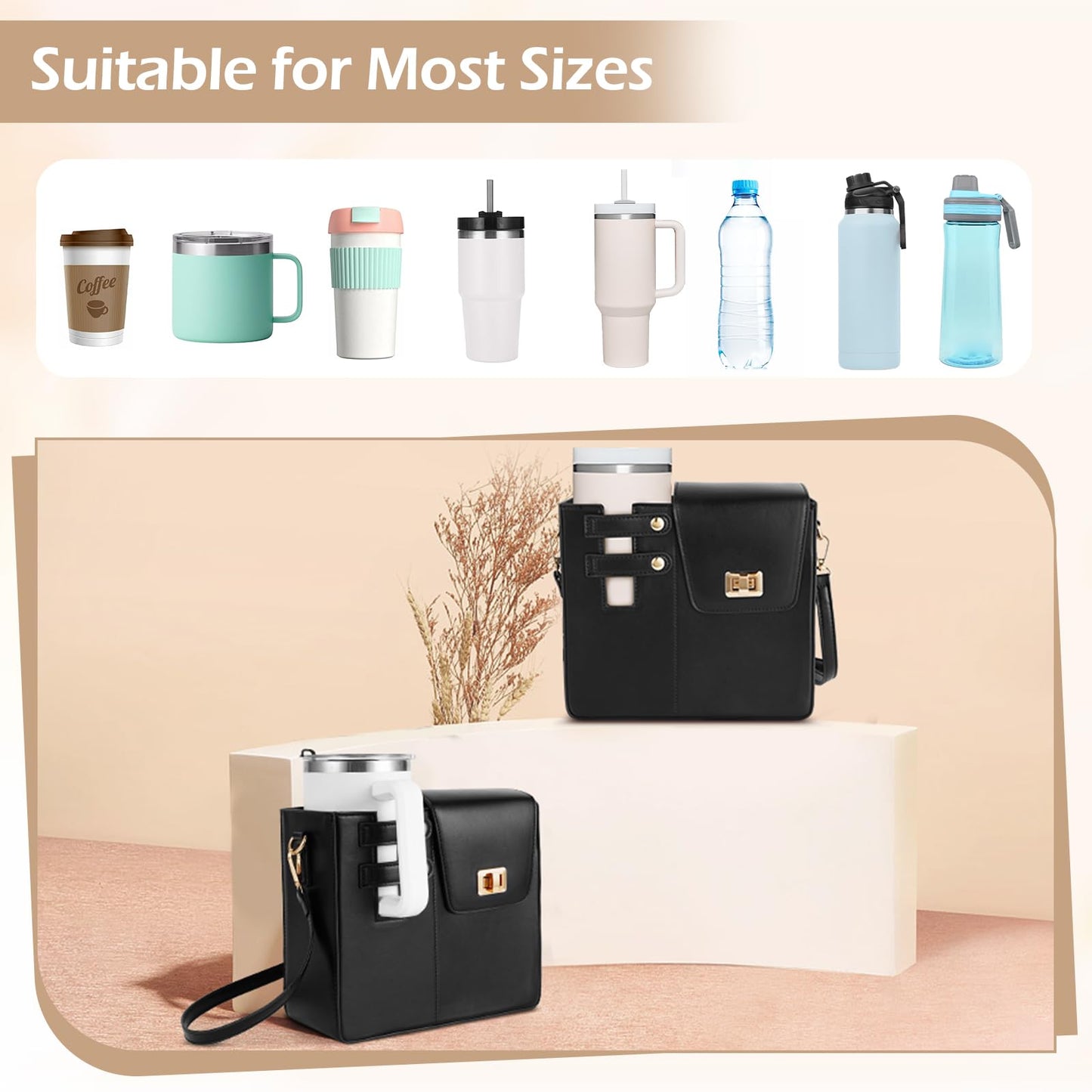 FACULX Outdoor Portable Crossbody Water Cup Storage Bag, Adjustable Crossbody Cup Holder Bag with Coin Purse and 2Pcs Replaceable Bag strap for Travel Daily Use (Black)