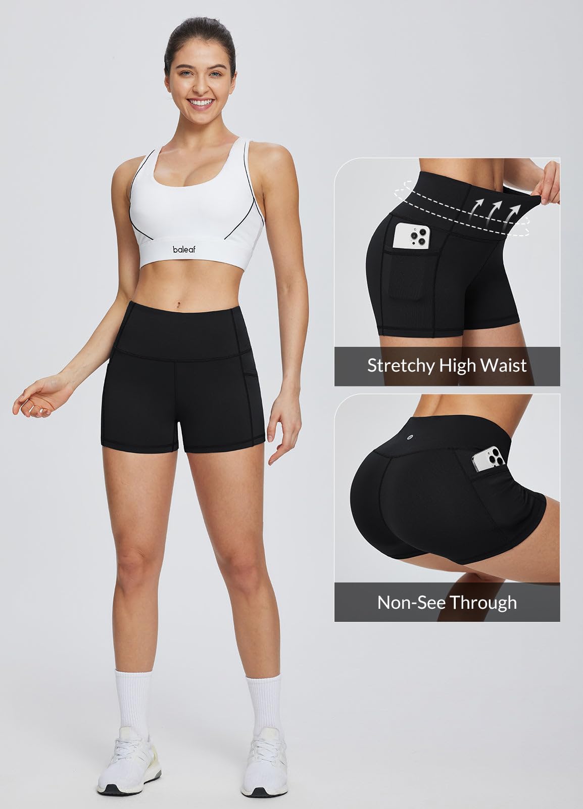 baleaf Biker Shorts Women Yoga Gym Workout Spandex Running Volleyball Tummy Control Compression with Pockets 8" 2-Pack Black/Charcoal L