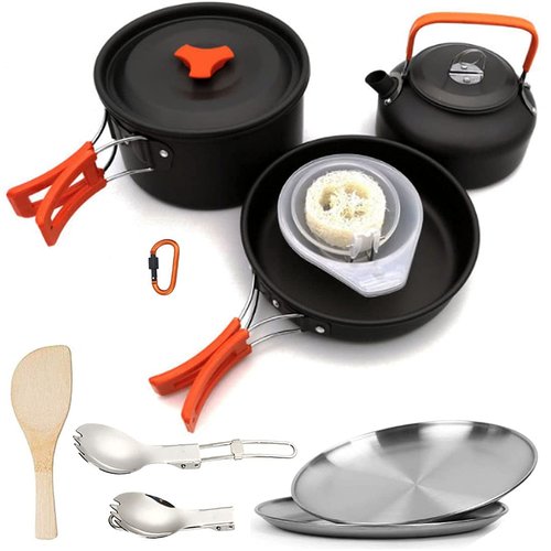 yoyomax 14pcs Camping Cookware Mess Kit, Non-Stick Lightweight Pots Set Stainless Steel Portable Outdoor Cookware for Camping Backpacking Hiking Outdoor Cooking and Picnic - Camp Accessories Equipment