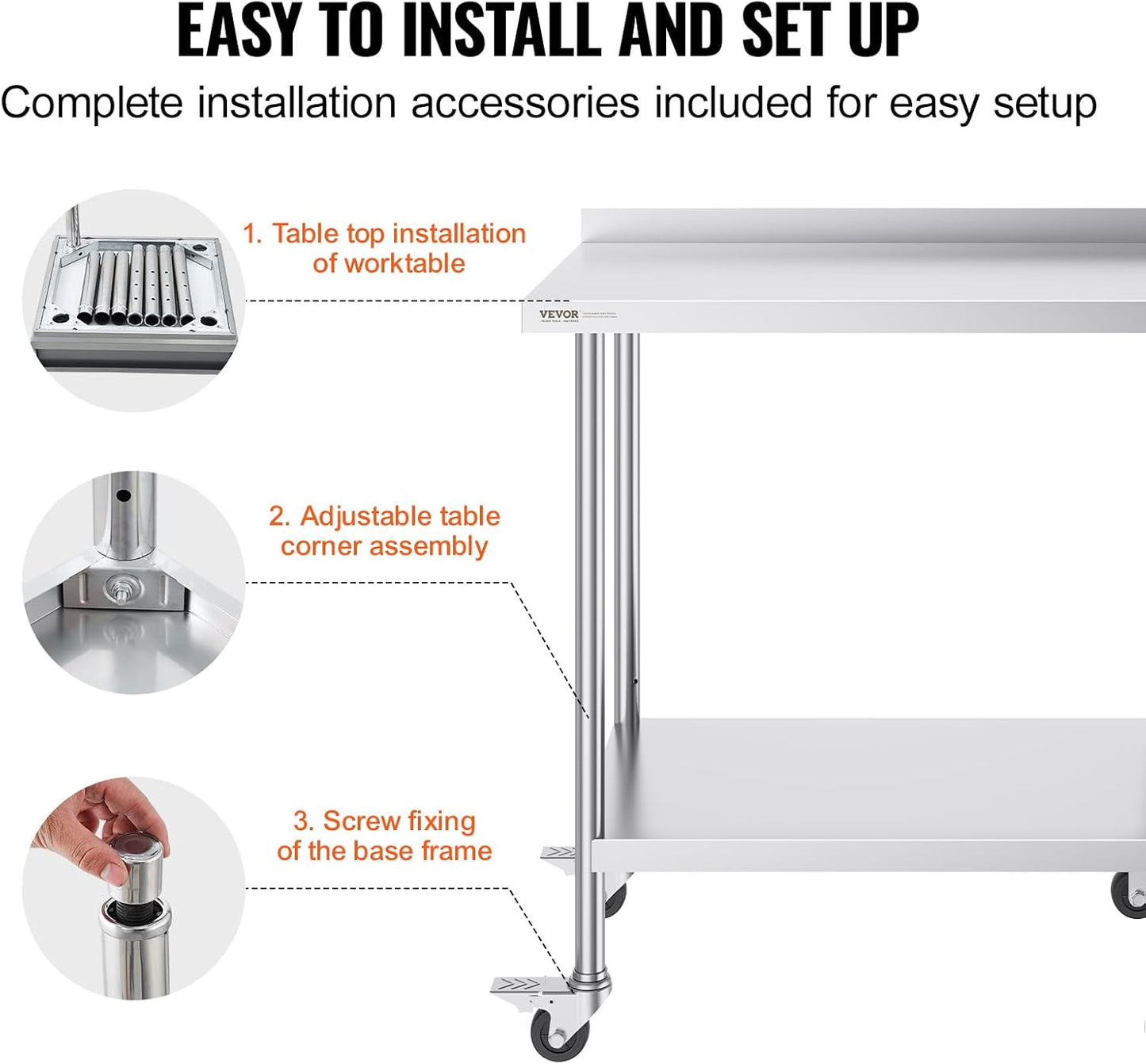 VEVOR 24 x 36 x 40 Inch Stainless Steel Work Table, Commercial Food Prep Worktable with Casters, Heavy Duty Prep Worktable, Metal Work Table with Adjustable Height for Restaurant, Home and Hotel