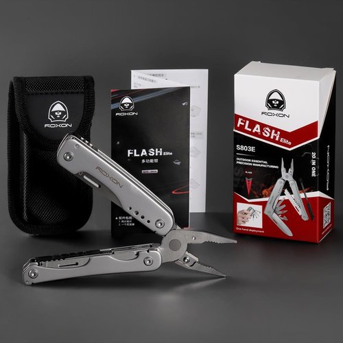ROXON S803E Elite Flash Multitool with 20 functions including strong pliers, Flint Rod, full-size lockable blades for Outdoor Essential Survival Tool (D2 Blade)