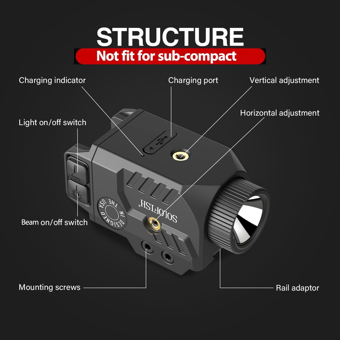 Solofish 800lm Pistol Light Laser Combo with Adjustable Rail for Full Rail, Shockproof Green Laser Sight and Gun Light with Strobe Function, Rechargeable