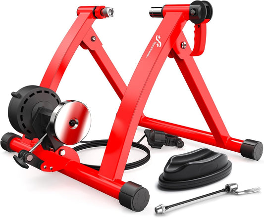Sportneer Bike Trainer - Magnetic Stationary Bike Stand for 26-28" & 700C Wheels - Adjustable 6 Level Resistance Bike Trainer Stand for Indoor Riding with Quick Release Lever & Front Wheel Riser Block