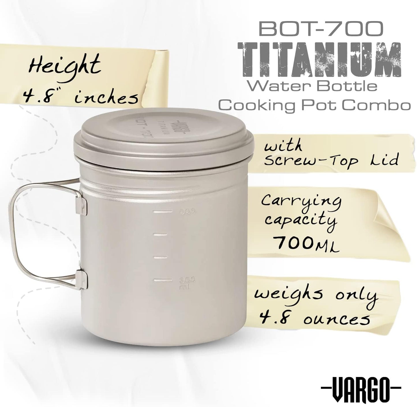 Vargo Titanium BOT Series | Vargo BOT - 700 | Titanium Cooking Pot and Water Bottle with Foldable Handles and Watertight Lid | 700ml (23 oz.)