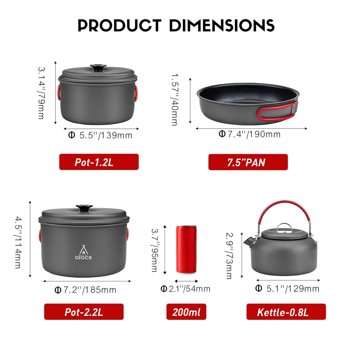Alocs Camping Cookware Set Gear, Compact Camping Pots and Pans Set, Durable Hard Alumina Cooking Set for Outdoor Backpacking Hiking Picnic, Included Mesh Carry Bag.