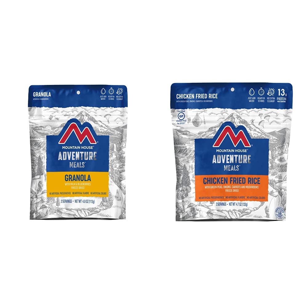 Mountain House Granola with Milk & Blueberries | Freeze Dried Backpacking & Camping Food | 2 Servings and Mountain House Chicken Fried Rice | Freeze Dried Backpacking & Camping Food | 2 Servings | Gluten-Free
