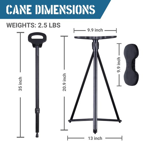 DINVES Adjustable Cane Chair, Cane Seat Folding Lightweight, Stool Seat with 2 Bases, Pocket Storage Bag and Removable Cushion,Aluminum Mobility Aid Crutch