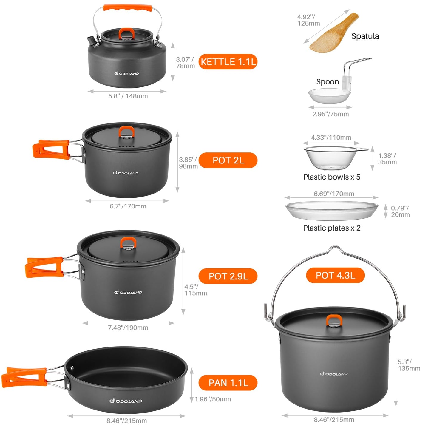 Odoland 18pcs Camping Cookware Large Size Hanging Pot Pan Kettle Set with Plastic Plates Bowls Soup Spoon for Camping, Backpacking, Outdoor Cooking and Picnic