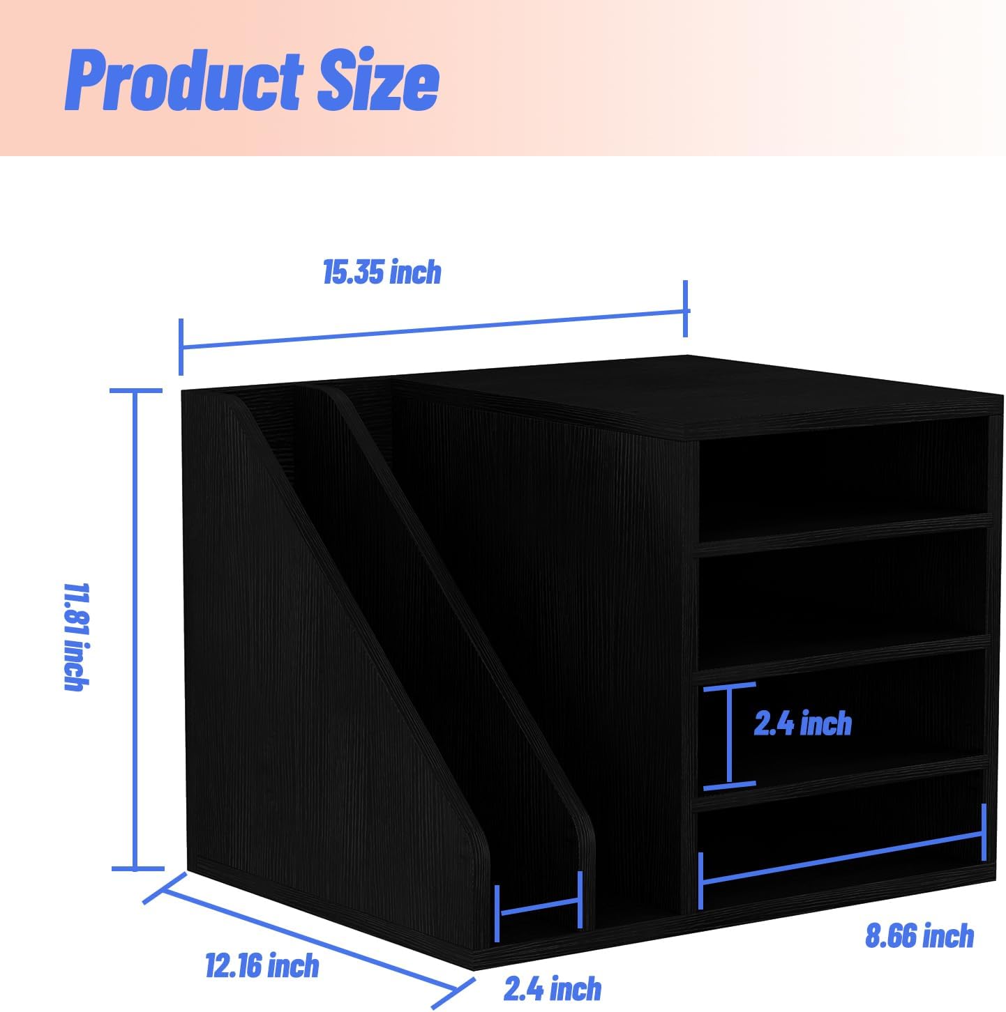 Wood Desk Organizer File Holder, Wooden Mail Organizer Countertop with Adjustable Compartments, Desktop File Organizer Paper Sorter for Home, Office and School, Envelope Organizer, Black