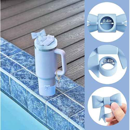 Stanley Cup Accessories Set,2Pcs Bow Straw Cover Caps Straw Toppers,1Pcs Cute Bow and Heart Handle Charm and 1Pcs Bow Silicone Boot for Stanley 30&40oz Tumbler (Blue)