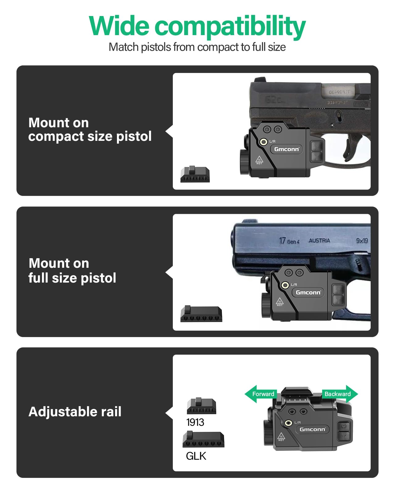 Gmconn 800 Lumens Pistol Light and Green Red Blue Laser Combo, Tactical Flashlight with Beam for Pistol with Rail (Blue Laser)