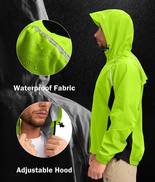 Men's Cycling Rain Jackets Waterproof Running Bike Windbreaker Hooded Reflective Biking Windproof Bicycle Riding(Fluorescent Yellow/Black,M)