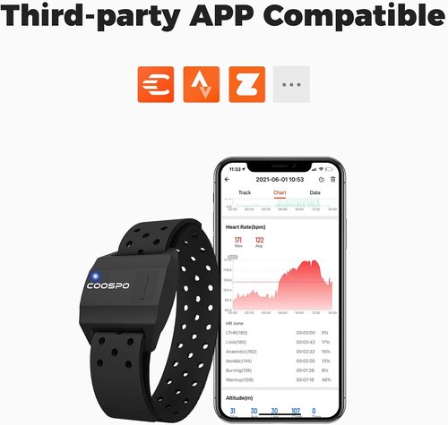 COOSPO Armband Heart Rate Monitor, Bluetooth ANT+ HR Optical Sensor for Sport, Rechargeable Dual Band IP67 HRM, Compatible with Peloton,Wahoo,Polar,Strava,DDP Yoga