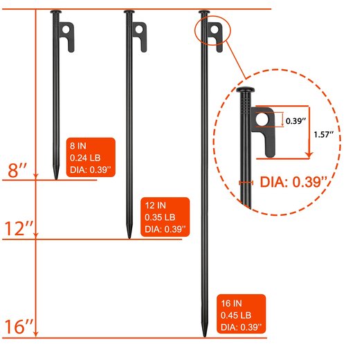 RIY Tent Stakes,8Pcs Heavy Duty 12Inch Steel Tent Stakes with 12 Inch Camping Hammer