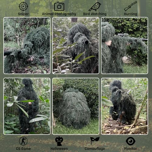 afzdby 5 in 1 Ghillie Suit,3D Camouflage Hunting Apparel Including Jacket,Pants, Hood, Carry Bag Suitable for Unisex Kids men