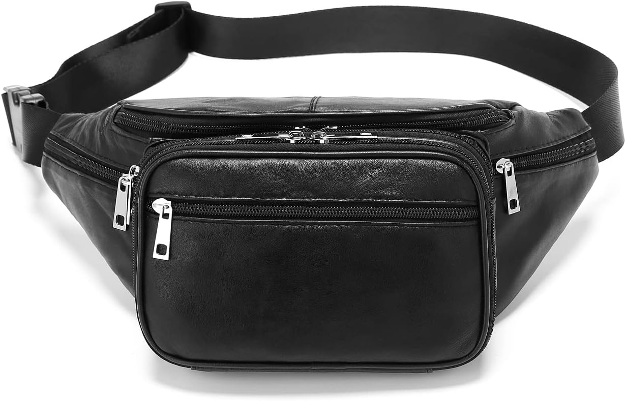Genuine Leather Large 7 Pocket Waist Pack with Organizer, Card Slots (Black)
