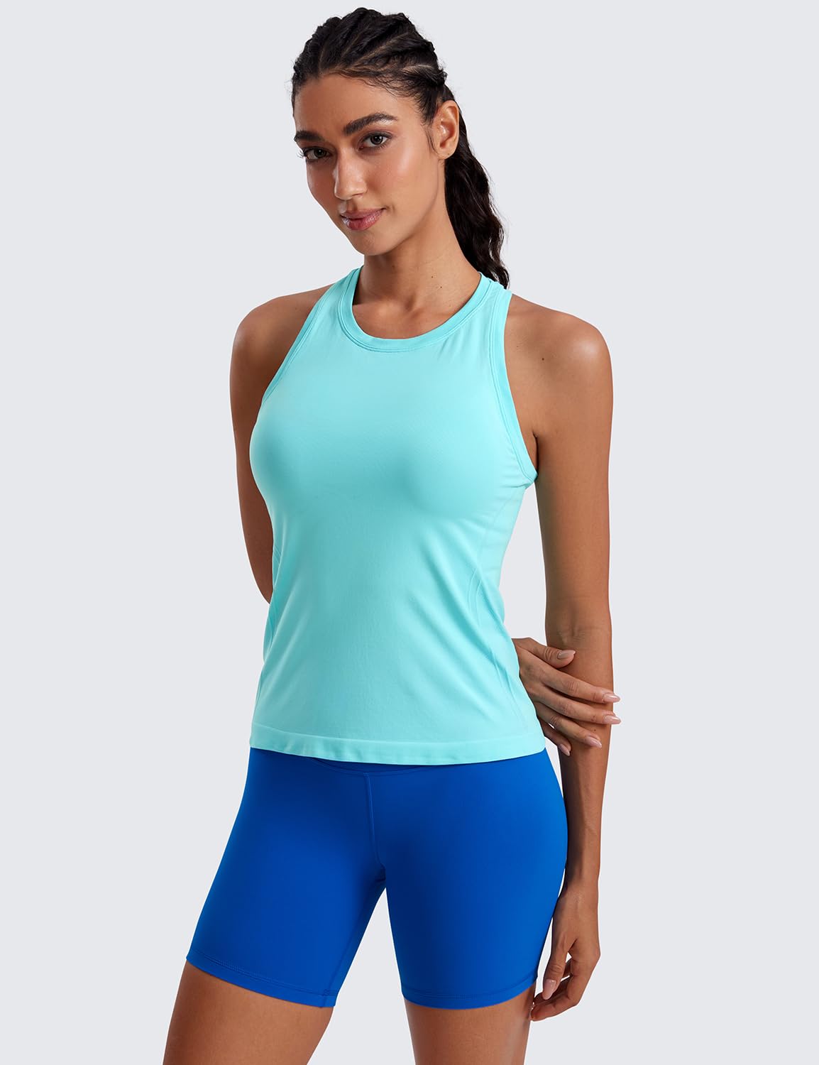 CRZ YOGA Seamless Workout Tank Tops for Women - Athletic Running Gym Sleeveless Shirts Crewneck Racerback Breathable Turquoise X-Large