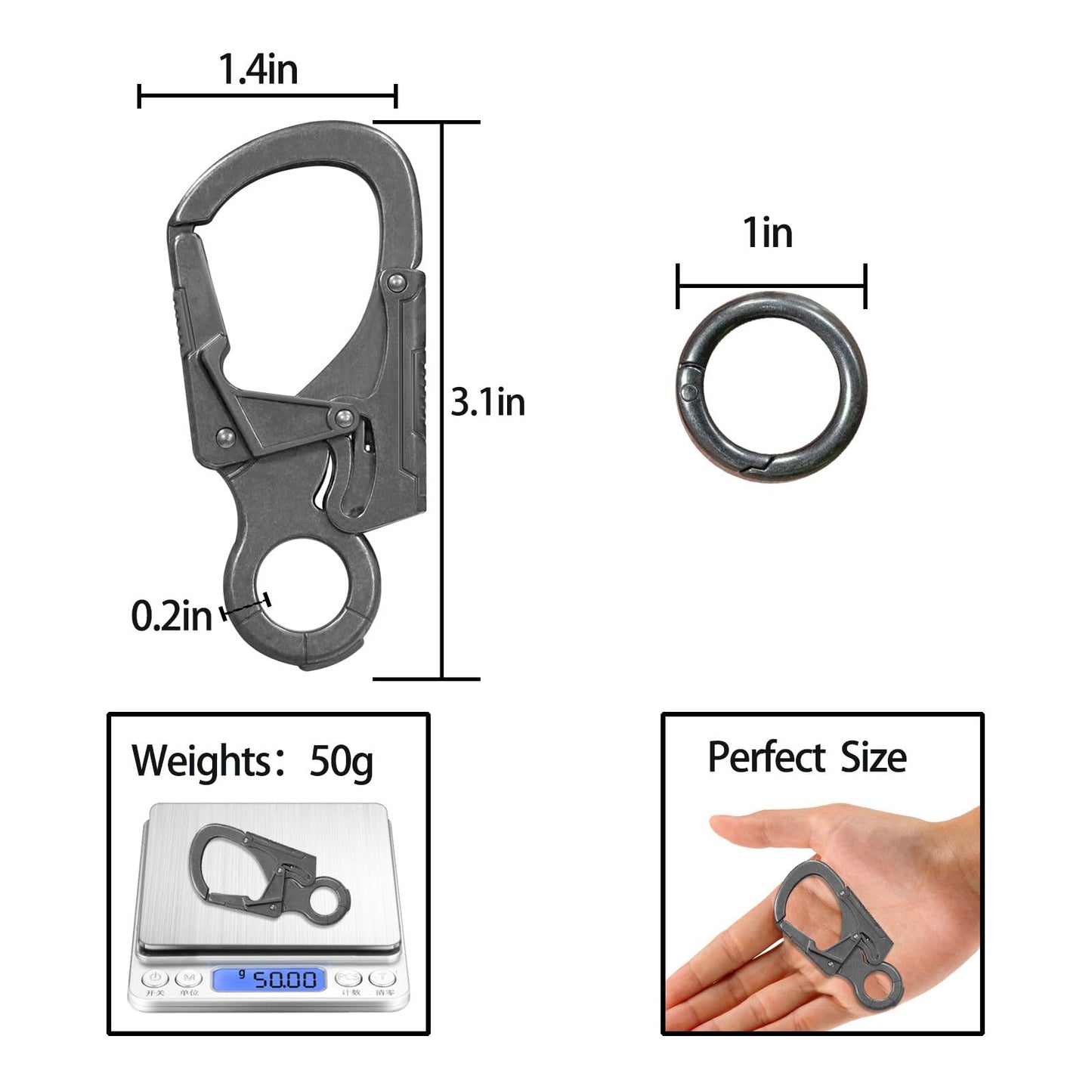 Ahiller Muscular Carabiner Hook，3.1" Alloy Thick Keychain Clip for Man, Outdoor Camping, Hiking Accessories, Key Ring(W-Carabiner Clip-Gunmetal-1PCS)