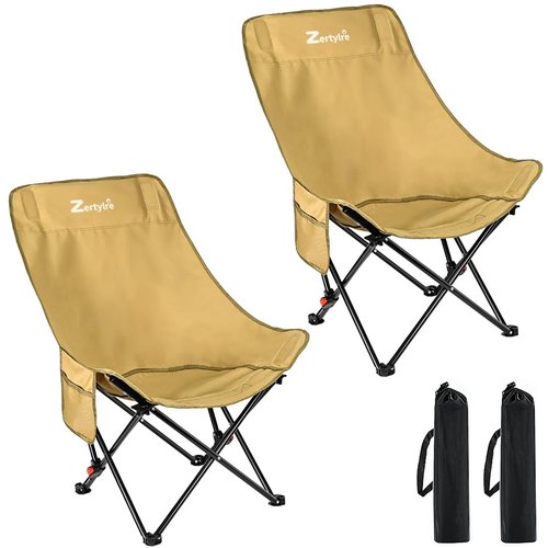 Zertylre Camping Chair for Adults, Portable Adjustable Folding Chairs Set with Side Pockets for Outdoors Fishing, Hiking, Backpacking, Picnic, Beach, Travel, Supports to 300lbs, & Storage Bags (Khaki)