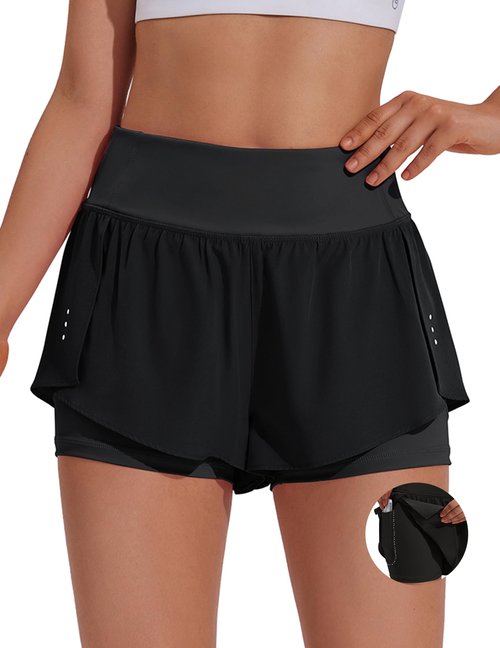 PINSPARK Womens Athletic Shorts with Biker Short Liner Breathable Women's 2 in 1 Running Shorts with Phone Pocket Black S
