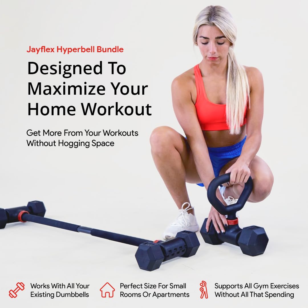 Jayflex Hyperbell Dumbbell Converter - Convert Dumbbells to Barbell Set and Kettlebell for Home Fitness - Adjustable & Up to 200 lb Capacity Weight Barbell for Weight Lifting