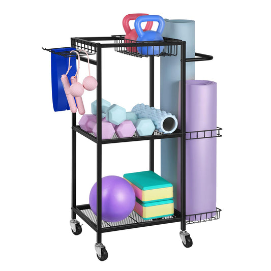 Yoga Rack Black Weight Rack for Home Gym Small Dumbell Rack Workout Equipment Storage Cart for Weights, Yoga Mats, Kettlebells, Foam Rollers, and Resistance Bands, Black
