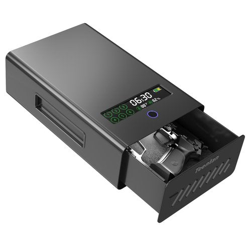 Slider Gun Safe for Nightstand - Drawer Safe for Handguns, Biometric Fingerprint, Keypad & Key, LCD Display - Quick Access Bedside & Car Safe for 2 Guns