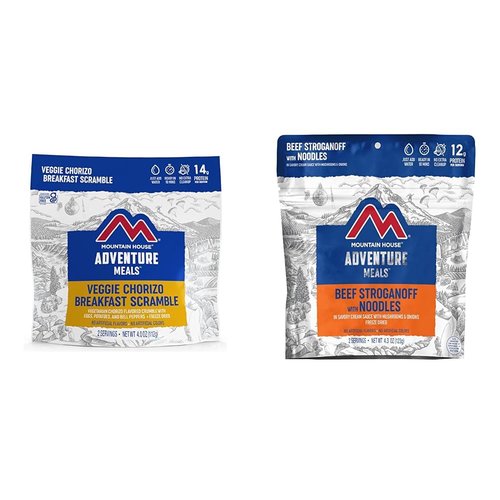 Mountain House Veggie Chorizo Breakfast Scramble 2-Servings & Beef Stroganoff with Noodles 2 Servings Freeze-Dried Backpacking & Camping Food Bundle