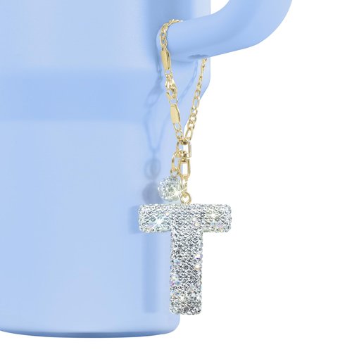 Mokoart Glitter Letter Charms for Stanley Cup, Water Bottle Charms for HydroJug Traveler & Stanley Tumbler with Handle, Cute Initial Name ID with Bling Letter for Stanley Cup Accessories (T)