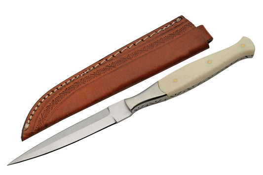 SZCO Supplies DH-8037BO Slim Full Tang Bone Handle File Work Double Edged Knife with Sheath, 8.5" Length