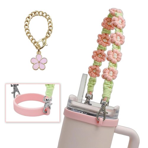 LAMOOER Water Bottle Handle Strap Silicone Woven Water Bottle Handle Sling with A Flower Charm Fits Most 8-40oz Water Bottles, Compatible with Stanley Cup Accessories (Pink)