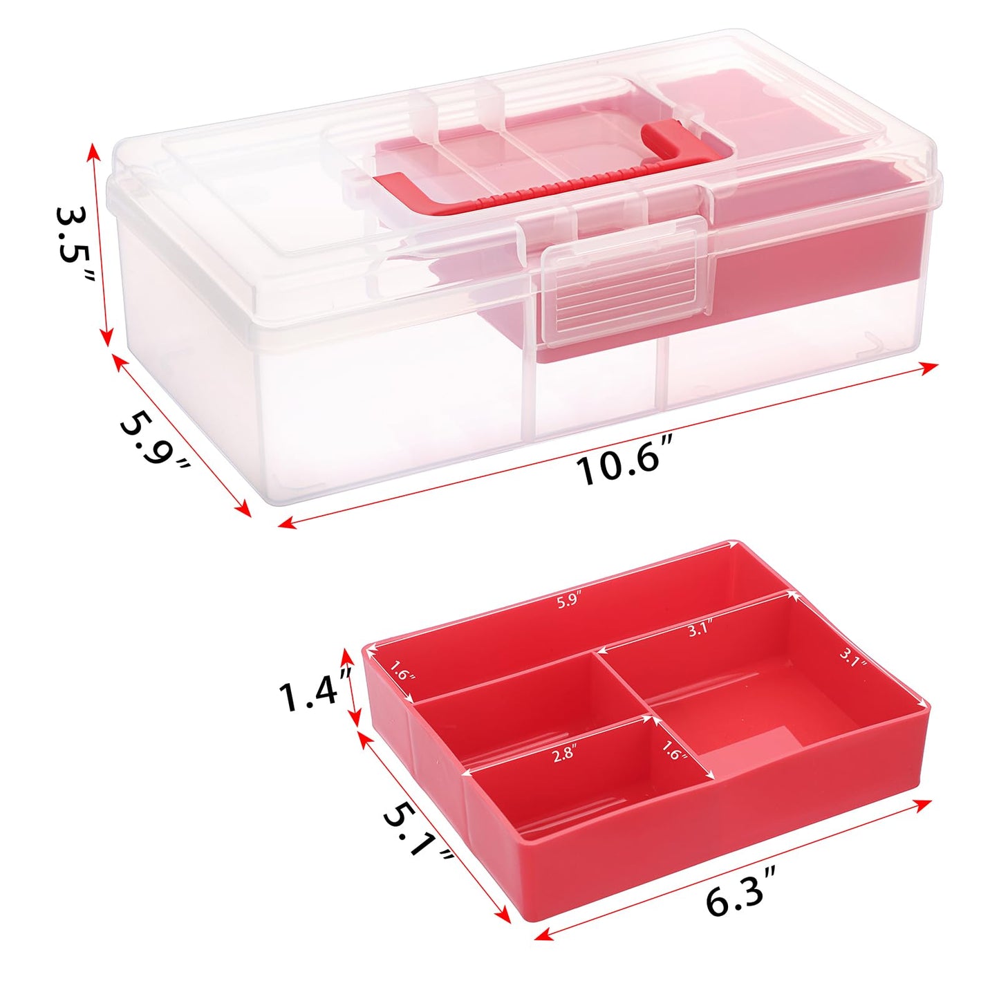 JUXYES Plastic Fishing Tackle Box Organizer with Removable Dividers, Clear Fishing Tackle Storage Boxes with Handle, 2 Layer Fishing Tackle Tray Box Lure Box, Red