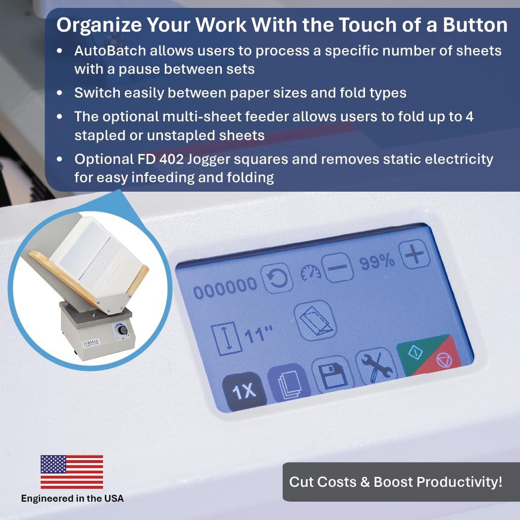 Formax FD 38Xi Fully-Automatic Touchscreen Document Folder, Up to 17000 Sheets/h, Pre-Programmed for C,V,Z, Gate, Fold Out and Double Parallel, Up to 500 Sheets 20# Hopper Capacity